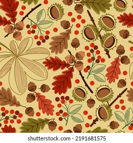 seamless pattern with autumn chestnuts, acorns and berries