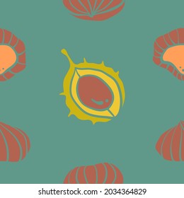 Seamless pattern with autumn chestnuts. Colorful paper cut fall woods collection isolated on blue background. Doodle hand drawn vector illustration.