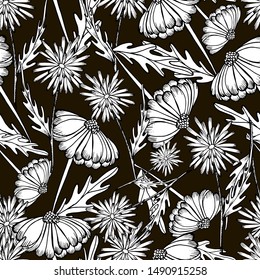 Seamless pattern with autumn chrysanthemum flowers, fields, beautiful garden plants, hand draws with ink. Large chrysanthemums of different shapes in vintage style. Isolated design for wallpaper, text