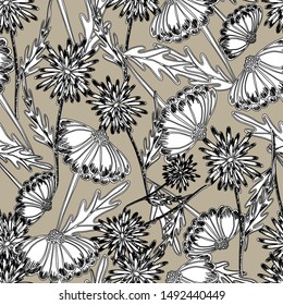 Seamless pattern with autumn chrysanthemum flowers, fields, beautiful garden plants, hand draws with ink. Large chrysanthemums of different shapes in vintage style. Isolated design for wallpaper, text