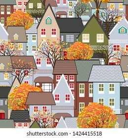 Seamless pattern Autumn cityscape in the town with fairy tale houses,trees with orange and yellow leaves, Cute cartoon house in fall season in flat design.