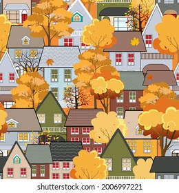 Seamless pattern Autumn cityscape in the town with fairy tale houses,trees in orange and yellow leaves, Cute cartoon house in fall season in flat design.Repeat pattern for Autumnal background