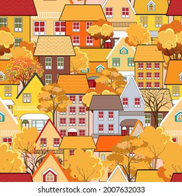 Seamless pattern Autumn cityscape in the town with fairy tale houses,trees in orange and yellow leaves, Cute cartoon house in fall season in flat design.Repeat pattern for Autumnal background