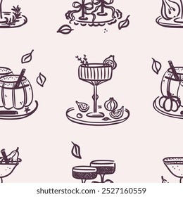 Seamless pattern of autumn cocktails with pumpkins, figs, pears and leaves on a beige background. Hand-drawn black line art. Cozy fall season. Vector design