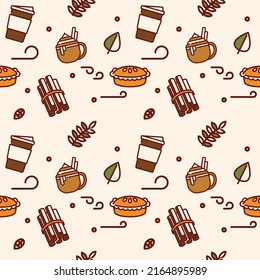 Patrón sin foco con otoño, café, pie, canela, vector hoja e ilustración