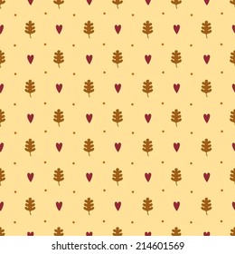 Seamless pattern. Autumn collection for a fall season. Oak leaves, hearts and dots on a cream background.