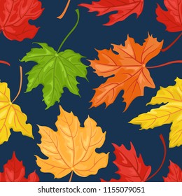 Seamless pattern with autumn colored maple leaves isolated on dark background. Vector illustration in a flat style.