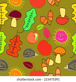 Seamless pattern of autumn colored  motifs on a pale yellow background. Handmade.