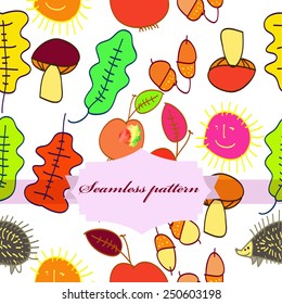 Seamless pattern of autumn colored  motifs, label on a white  background. Hand drawn.