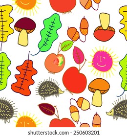Seamless pattern of autumn colored  motifs  on a white  background. Hand drawn.