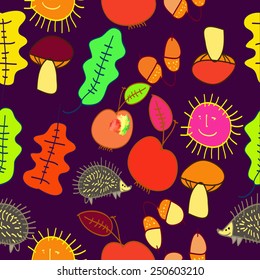 Seamless pattern of autumn colored  motifs  on a dark pink  background. Hand drawn.