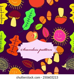 Seamless pattern of autumn colored  motifs, label on a dark pink  background. Hand drawn.