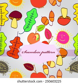 Seamless pattern of autumn colored  motifs, label on a gradient gray  background. Hand drawn.