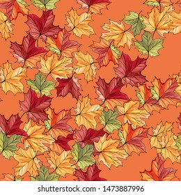 Seamless Pattern of  Autumn Colorful Maple Leaves on Orange Background. Pattern for Textile Design, Fabric Printing, Packaging, Wallpaper, Book cover, Invitation.