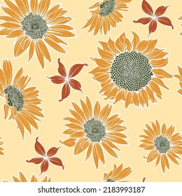 seamless pattern in autumn colors with flowers and sunflower petals. idea for wallpaper, textile. vector illustration