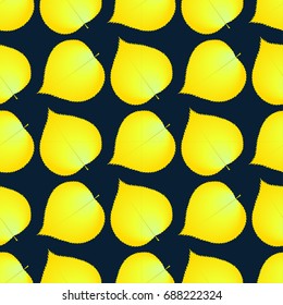 Seamless pattern in autumn colors made of linden leaves, yellow and orange on black tiled texture, in vector