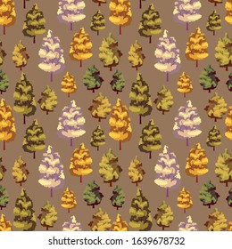 seamless pattern in autumn colors, vector illustration of forest, deciduous trees, wallpaper ornament, wrapping paper, background for design