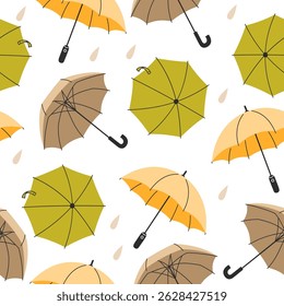 Seamless Pattern of Autumn Coloured Umbrellas with Raindrops in Flat Style on White Background