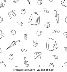 Seamless pattern autumn concept. Background wallpaper autumn elements. Vector illustration of sweater scarf, umbrella coffee apple.