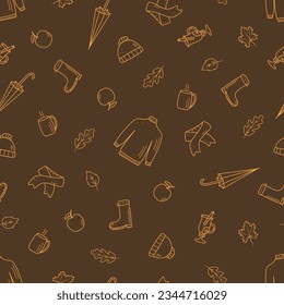 Seamless pattern autumn concept. Background wallpaper autumn elements. Vector illustration of sweater scarf, umbrella coffee apple.