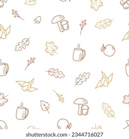 Seamless pattern autumn concept. Vector background illustration of fall leaves hot tea and apple.