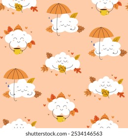 Seamless pattern with autumn cute clouds characters with coffee, hat, umbrella, leaves. Flat vector illustration