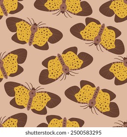 Seamless pattern with autumn cute and cozy design elements. Factory pattern with yellow night butterflies moths in warm colors isolated on beige background