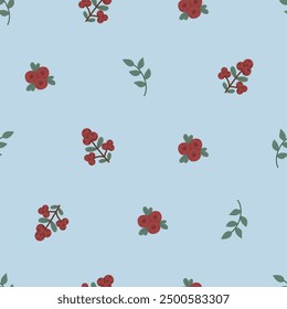 Seamless pattern with autumn cute and cozy design elements. Factory pattern with leaves and rowan plants in warm colors isolated on the blue background