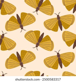 Seamless pattern with autumn cute and cozy design elements. Factory pattern with yellow night butterflies moths in warm colors isolated on beige background