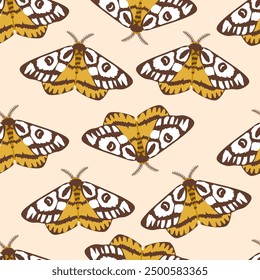 Seamless pattern with autumn cute and cozy design elements. Factory pattern with yellow night butterflies moths in warm colors isolated on beige background