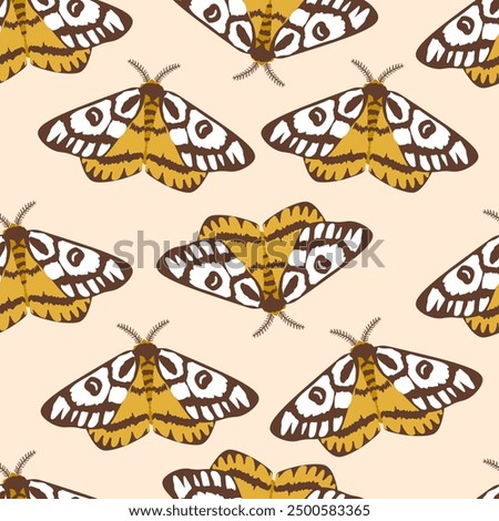 Seamless pattern with autumn cute and cozy design elements. Factory pattern with yellow night butterflies moths in warm colors isolated on beige background