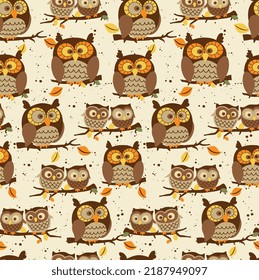 Seamless pattern of Autumn with Cute Owls on the tree branches - Autumn Vector design 