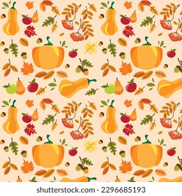 Seamless pattern. Autumn designs, pumpkin, apples, leaves.