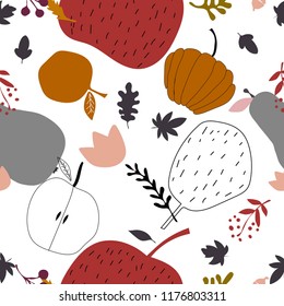 Seamless pattern. Autumn. Different apples, pumpkins, leaves, berries in a simple graphic style. Transparent background. Scandinavian style. Vector