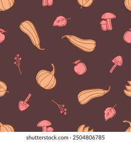 Seamless pattern Autumn doodle icons. Vector illustration of autumn elements, background wallpaper.