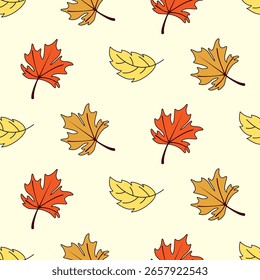 Hojas de doodle de otoño sobre fondo aislado. Fondo dibujado a mano para vacaciones de cosecha de otoño, Acción de Gracias, Halloween, estacional, textil, reserva de chatarra.