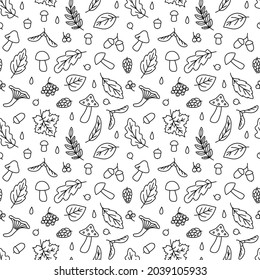 Seamless pattern with autumn doodles. Contour image of forest mushrooms, leaves, acorns and berries. background with black drawings for seasonal decoration. Vector fall infinite ornament