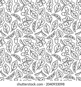 Seamless pattern with autumn doodles. Contour image of fallen leaves of maple, oak, linden, rowan, willow and acorns. Background with black drawings for seasonal natural decor. Vector fall ornament