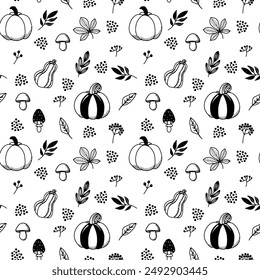 Seamless pattern with autumn doodles. Contour image of forest mushrooms, leaves and pumpkin. Hand drawn background with black drawings for seasonal decoration. 