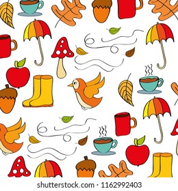 seamless pattern autumn doodles mushroom coffee umbrella boots bird leaves season