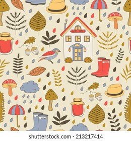 Seamless pattern with autumn doodles. Used for wallpaper, pattern fills, web page background,surface textures.