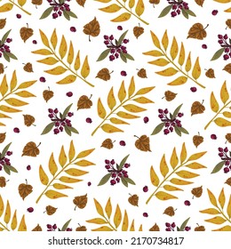 Seamless pattern with autumn dry leaves, rose hips. Vector graphics.