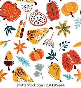 seamless pattern autumn elements abstraction, vector illustration in doodle style, autumn collection, freehand drawing