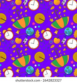 Seamless pattern with autumn elements, alarm and wall clocks, globes, umbrellas, apples and paper clips on purple background. For back to school theme, supplies or stationery design, wrapping paper.