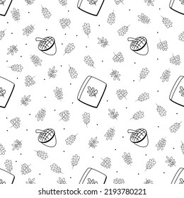 Seamless pattern with autumn elements. Book, leafs, 
acorn.