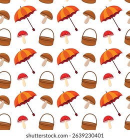 Seamless pattern of autumn elements, bright orange and red umbrellas, brown wicker baskets and a variety of mushrooms.