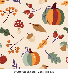 Nahtloses Muster mit Herbstelementen im Cartoon-Flachstil. Kürbis, Ahorn, Eichenblatt, Fliegenagar, Rowan, Rosship.