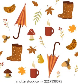 Seamless pattern of autumn elements. Flat style. Vector illustration 