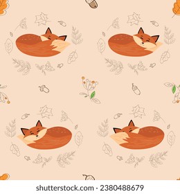 seamless pattern of autumn elements and foxes vector illustration