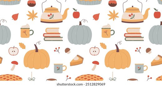 seamless pattern with autumn elements. Hand drawn vector. Cute design for fabric, textile and autumn decor.